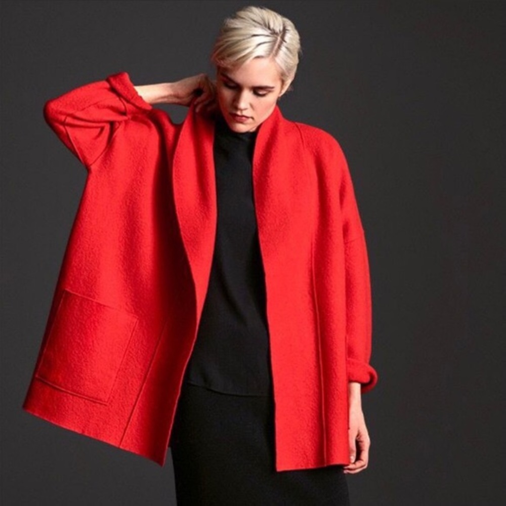 NWT Eileen Fisher Wool Kimono Shawl Collar Jacket in Poppy